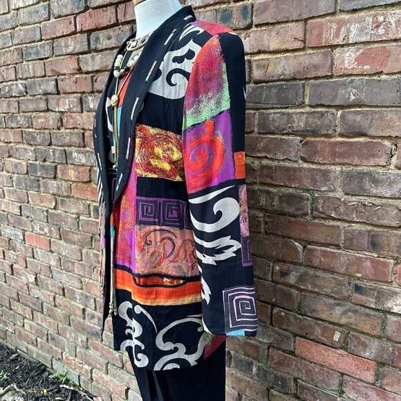 Vtg 90s Dorothy Schoelen Platinum Vivid Abstract 3 Piece Pant Suit Set Sz SM - Picture 2 of 10